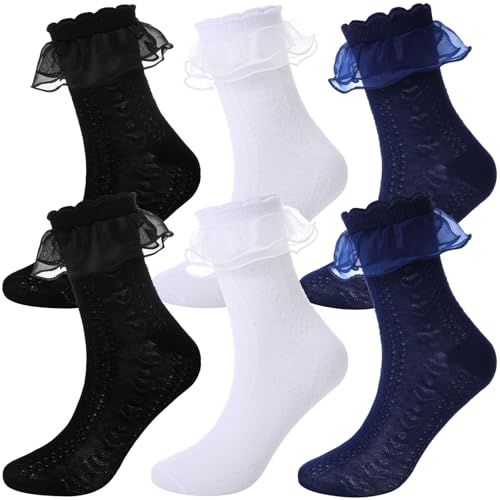 Geyoga 3 Pairs Women Ruffle Socks Turn Cuff, Double Lace Ankle Socks for Woman Cotton Lace Frilly Sock for Ladies