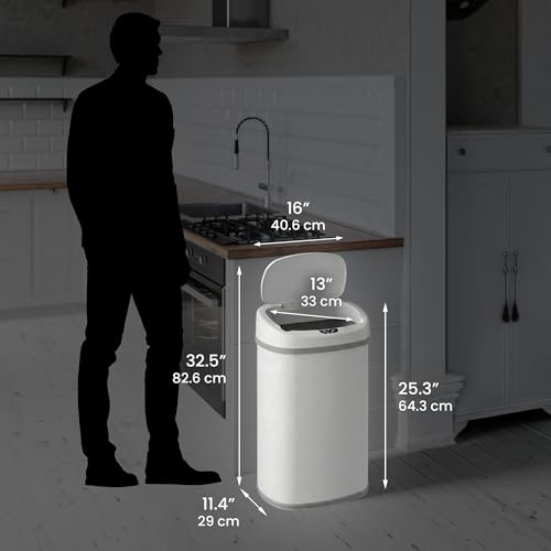 Image of SensorCan 13 Gallon Automatic Sensor Trash Can with Lid, AC Adapter Included, AbsorbX Odor Control, Chalk White Stainless Steel Kitchen Garbage Bin, Fingerprint-Proof, Hands-Free Operation, Oval