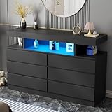BEWISHOME Black Dresser for Bedroom with Charging Station and LED Lights, 6 Drawer Dresser Chests of Drawers, Wood Dressers for Closet, Modern Wide Dressers with Open Space, TV Stand, Black KCG02B