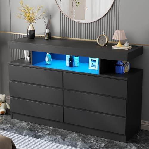 BEWISHOME Black Dresser for Bedroom with Charging Station and LED Lights, 6 Drawer Dresser Chests of...
