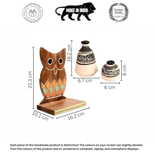 Image of AAKRITI ART CREATIONS Owl Wall Decor Shelf with 2 Pots Handcrafted in Wood | Warli Art Wooden Hanging Shelf with Vases | Matte Finish Decorative Wall Art for Living Room, Entryway & Gifting