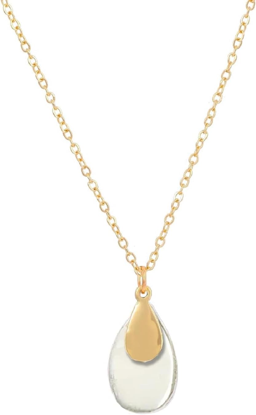 Jojomina Gold Silver Two Tone Dainty Teardrop Pendant Necklace for Women - Mixed Metal Bohemian Jewelry for Mom Everyday Wear