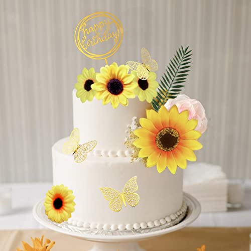 31 Pcs Sunflower Butterfly Cake Toppers Rose Flower Cake Decorations With Sago Cycas Leaves Eucalyptus Leaves And Golden Happy Birthday Topper For Birthday Wedding Baby Shower Sunflower Party Supplies #TOP6