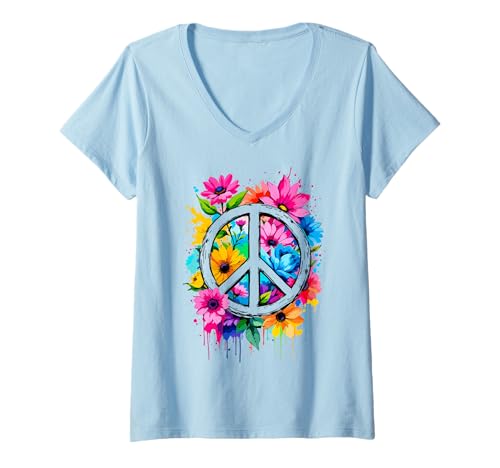 Femme Love Peace Flower Power, signe de paix, années 70 et 60, femme hippie T-Shirt avec Col en V