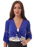 Femmes Costume De Danse Du Ventre Dentelle Patchwork À Manches Évasées Tassel À Lacets Châle Crop Tops
