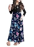 MITILLY Girls Plaid 3/4 Sleeve Pleated Casual Swing Long Maxi Dress with Pockets 8 Years Unicorn