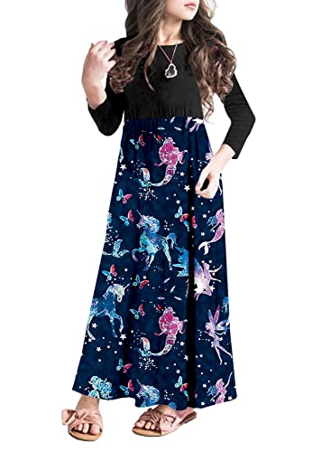 Mitilly Girls Plaid 3/4 Sleeve Pleated Casual Swing Long Maxi Dress With Pockets 8 Years Unicorn #TOP13