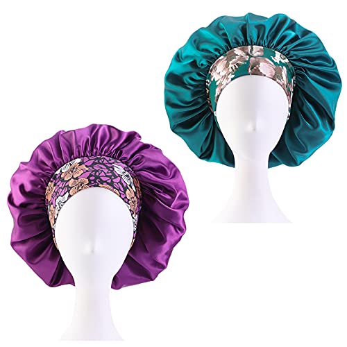 Large Silk Satin Hair Bonnet Sleeping Cap Comfortable Wide Elastic Band Durable Breathable for Women Curly,Braids, Dreadlocks, Long Hair Makeup Skin Care(Purple+Teal)