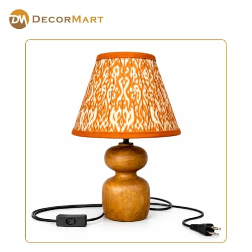 Image of The Decor Mart Printed Shade Table Lamp with Wooden Base|Sleek Decor Decorative Beside Light for Desk,Bedroom, Living Room, Home Office and Hotel(20x20x30 cm) (Orange)