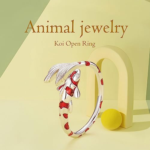 Qings Koi Fisch Verstellbarer Ring für Damen 925 Sterling Silber Niedliches Roter Karpfen Goldfisch Offener Emaille Tier Ringe Glücklich Geburtstag Weihnachten Schmuck Geschenke für Mädchen Männer