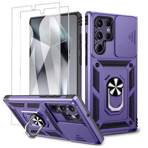 Fewdew for Samsung Galaxy S24 Ultra Case with 2 Pack Screen Protector, Slide Camera Cover & Kickstand, Heavy Duty Shockproof Rugged Protective Phone Cover Case for Samsung Galaxy S24 Ultra, Violet