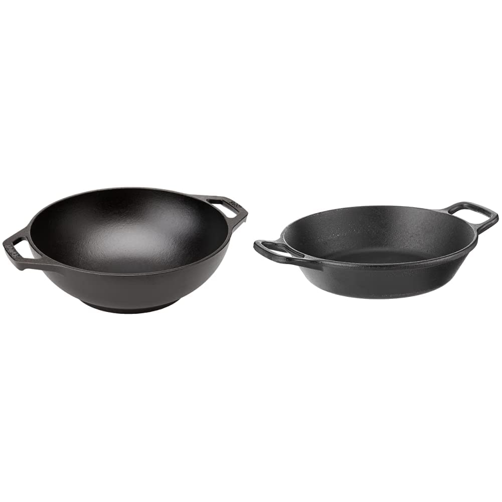 Lodge 9 Inch Cast Iron Mini Wok w/ Loop Handles & Cast Iron Round Pan, 8 in, Black