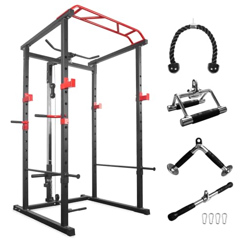 1000lbs Capacity Power Cage, Home Gym Squat Rack with LAT Pulldown, Cable Crossover, and Weight Lifting Attachments, Total Gym Machine (Power Cage)