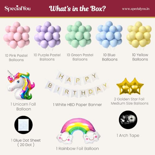 Image of SpecialYou.in Unicorn Theme Birthday Decoration Kit For Girls With Pastel Pink, Purple, Yellow, Blue, Green Balloons, Rainbow & Unicorn Foil Balloon For Birthday Decoration Items For Baby Girl- 57 Pcs