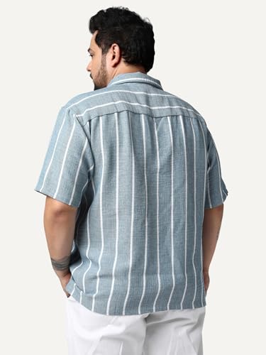 Image of Urbano Plus Men's Cotton Half Sleeve Relaxed Fit Linen Striped Shirt with Cuban Collar