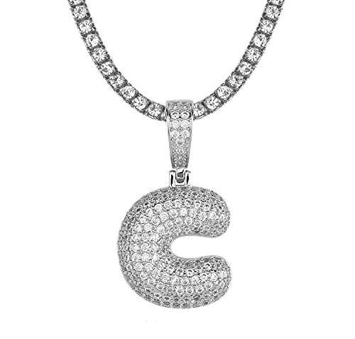 Apzzic A-Z Iced Out Initial Letter Pendant Necklace Stainless Steel Alphabet Capital Shiny Letter Necklace with Tennis Chain for Men Women Letter C 20Inch Silver