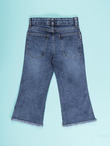 Image of KiddoPanti Girls Bottom Flared Knee Distress Stretchable Denim Jeans with Adjustable Elastic Waist