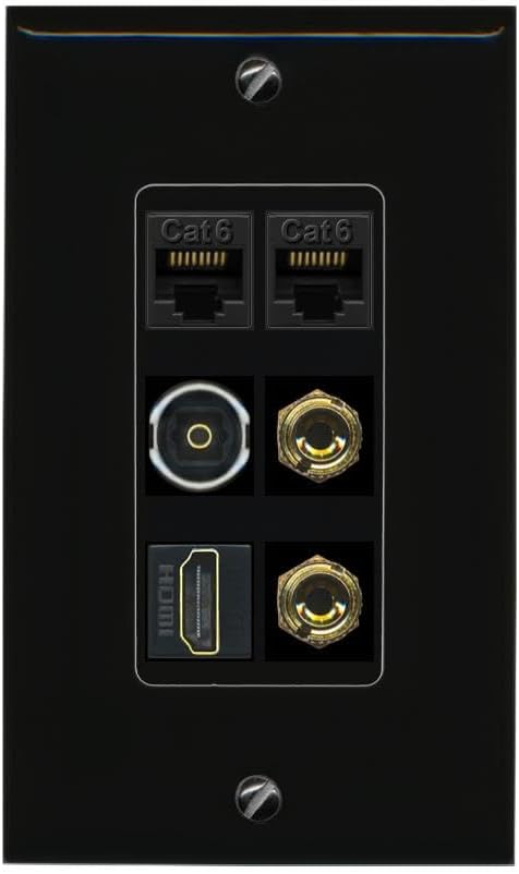 RiteAV 1 Speaker 2 Banana Binding Post Wall Plate 2 Cat6 1 x Toslink Optical and HDMI - 1 Gang Decorative [Stainless/White]