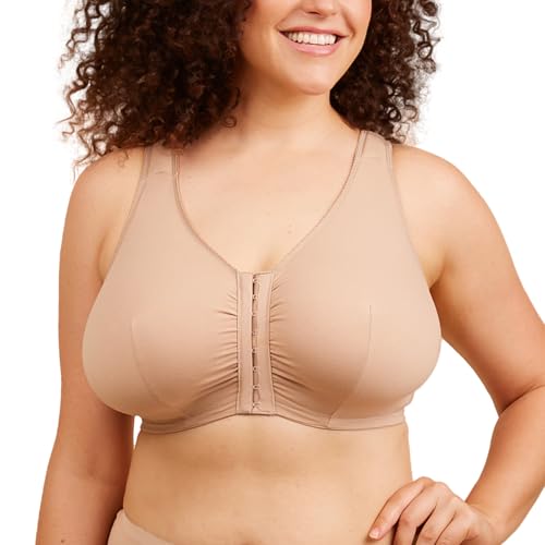 LEADING LADY, Meryl, Front-Closure, Cotton Bra, Comfort Sleep Bra for Women, Breathable, Unlined, Full Coverage, Wireless, Beige, Fits 54C 54D 54DD 54E