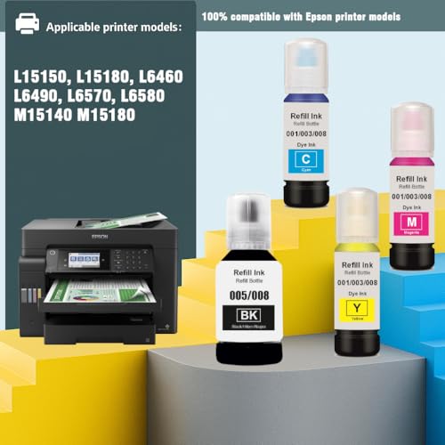 Image of KOSH 008 Black Refill Ink for Epson L6460 /L6490 /L6550 /L6570 /L6580 /L11160 /L15150 /L15160 Printer Black, Magenta, Cyan & Yellow (Pack of 4)