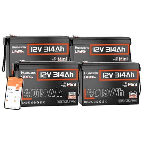 Image of HumsiENK 12V 314Ah (300Ah) LiFePO4 Lithium Battery Bluetooth MINI, 4PACK, Built-in 200A BMS, Max. 4190Wh Energy, EV A+ Cells 15000 Deep Cycles Batterys for RV, Marine, Solar