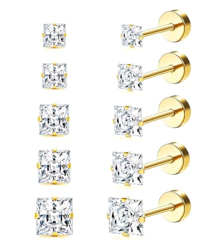 Princess Cut Square CZ Stud Earrings Flat Back Screw Back Small Gold Clear Cubic Zirconia Studs Earrings Set for Women Men Pack of 5 Pairs (3-4-5-6-7mm)