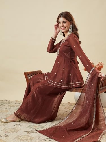 Image of MOKOSH Women's Silk Embroidery Peplum Kurta Sharara with Dupatta | Anarkali Kurta Set | Sweetheart Neck Full Sleeve Ethnic Suit | 3 Piece Outfit | Indian Kurta Outfit With Sharara