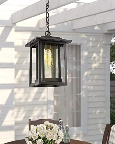 Beionxii Outdoor Pendant Light For Porch, Large Exterior Hanging Lantern Outside Chandelier Black Cast Aluminum W/Clear Glass(13.5" H X 9" W) - A197H-1Pk #TOP1