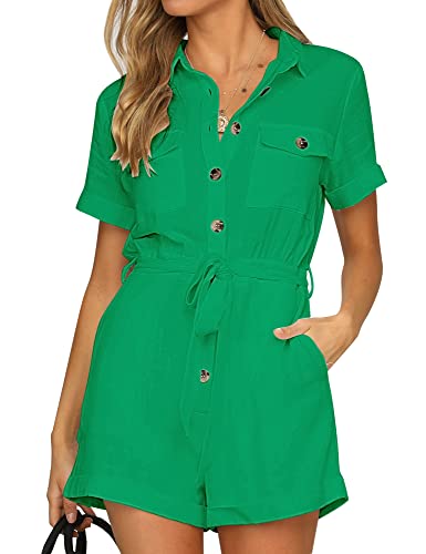 Grapent Women'S Jolly Green Summer Button Down Rompers Casual Short Sleeve Pockets Belted Short Jumpsuits 100 Cotton Playsuits For Women Size Small Size 0 To 2