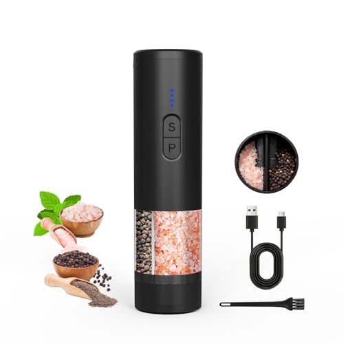 AMOSA Moulin à Poivre Électrique, 2 en 1 Double Réservoir, Double Meule en Céramique Réglable en Finesse, USB Rechargeable Remplissable Salières et...