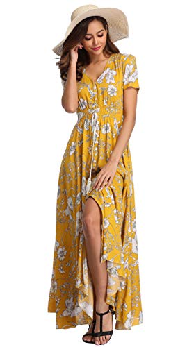VintageClothing Women's Floral Maxi Dresses Boho Button Up Split Summer Casual Long Dress Beach Party Dress, Yellow_Floral, Large