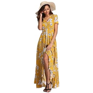 VintageClothing Women’s Floral Maxi Dresses Boho Button Up Split Summer Casual Long Dress Beach Party Dress, Yellow&Floral, S