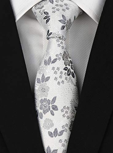 Elfeves Mens White Silver Grey Floral Cravat Ties Woven Business Formal Skinny Necktie Nearwear #TOP1