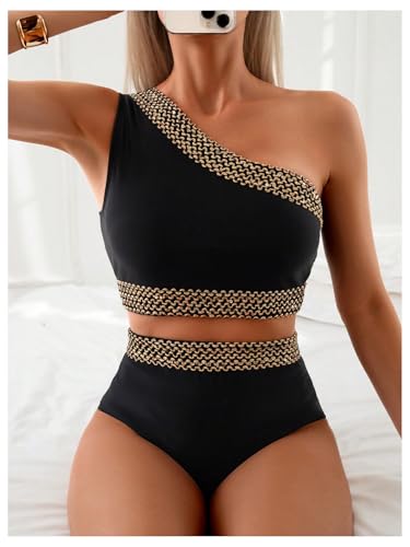Milumia Women's Two Piece High Waisted Bikini Set Strap One Shoulder Stitch Colorblock Swimsuit4