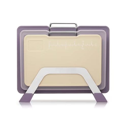 Plastic Cutting Boards with Grinding Area and Measurement, Cutting Boards for Kitchen Dishwasher Safe, Chopping Board Set of 3 with Holder, Non-Slip Design, Stainless Steel Handle, Purple
