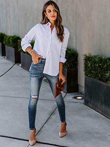 Paintcolors Stripes Button Up Shirts For Women Long Sleeve V Neck Cotton Tops Work Casual Blouses Tunics-Blue-White M #TOP3