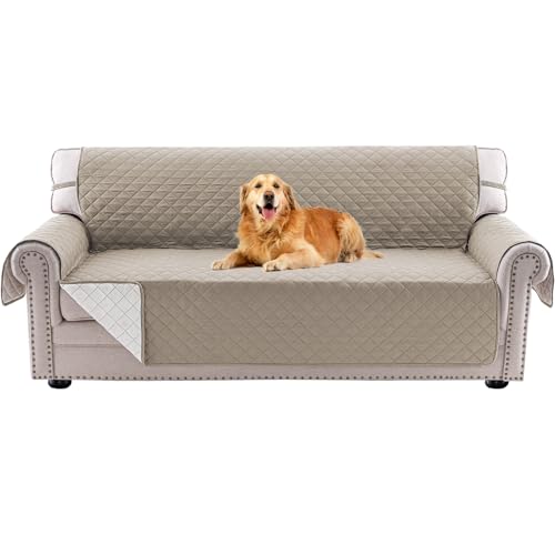 PrinceDeco Couch Cover for Dogs Washable Reversible Couch Covers for 3 Cushion Couch Sofa Pet Friendly Water Resistant Furniture Protector with Elastic Straps(Sofa 66", Khaki)