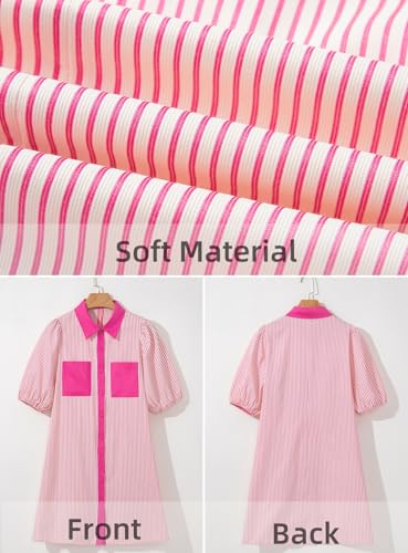Image of AlvaQ Women Dress Summer 2025 Casual V Neck Short Sleeve Button Down Striped Tunic Dresses with Pockets