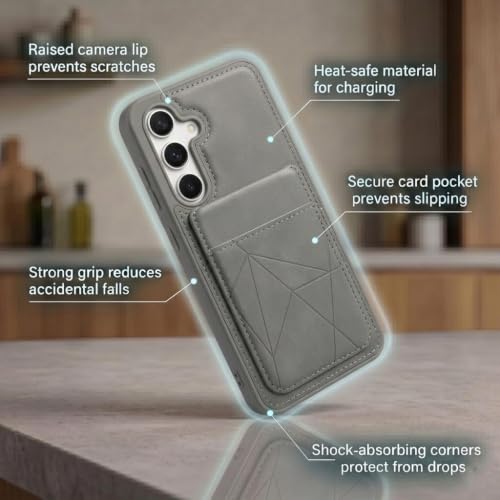 Image of amazon basics Premium Vegan Leather Back Cover with Card Holder and Integrated Mobile Stand for Samsung Galaxy S24FE 5G - Slim Shockproof Wallet Case with Geometric Stitching [Gray]