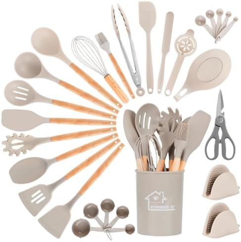 Silicone Cooking Utensil Set, 29 pcs Silicone Kitchen Utensils Set, Non-stick & Heat Resistant- Silicone Spatula,Tongs,Spoon Kitchen Cookware with Wooden Handle