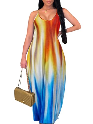Image of Summer Dresses for Women Spaghetti Strap Beach Floor Length Maxi Sundresses | Floral Print,Casual,with Pockets