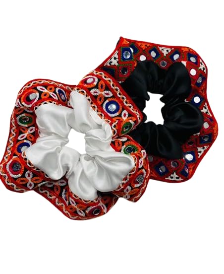 Navratri Special Hair Accessories Scrunchies Hair Bow Bun Tie Shell Kutchi Work lace
