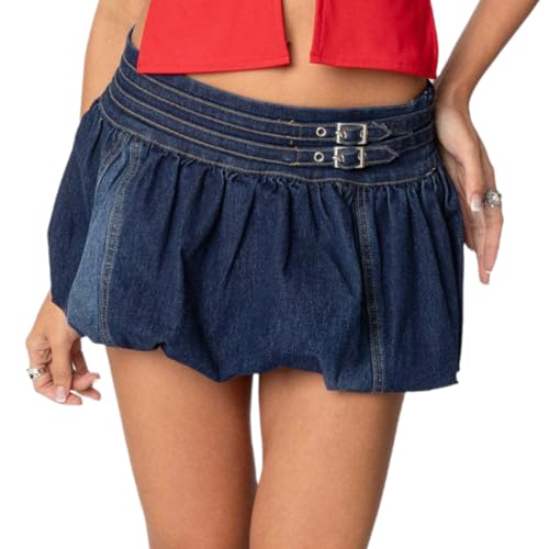 Amazon.com: Womens Denim Bubble Skirt Low Rise Ruffle A Line Mini