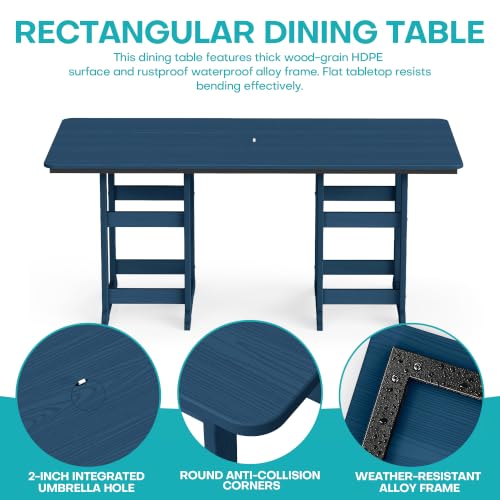 Image of 7-Piece Dining Set, HDPE Table & 6 Chairs, Navy Blue | HDPE Dining Set: 69.1 inch Table + 6 Chairs, 380 lbs, 304 Stainless, All-Weather, No Rust No Crack, Outdoor Patio Garden