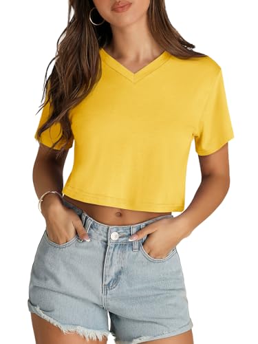Image of Womens Crop Tops Short Sleeve V Neck Summer Cropped T Shirts Baisc Tees