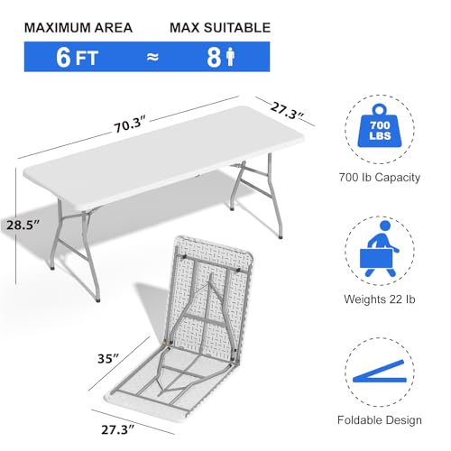 IWDOO Foldable Table 6ft, Plastic Folding Table, Portable Heavy Duty Dining Table with Lock Function & Carrying Handle, Outdoor Indoor Foldable White Table for Camping Party Picnic - Thumbnail 2