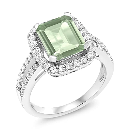 Gem Stone King 925 Sterling Silver Green Prasiolite Women Engagement Ring (3.52 Ct Emerald Cut 10X8MM, Gemstone Birthstone, Available in size 5, 6, 7, 8, 9)