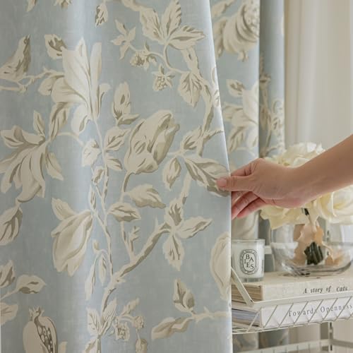 VisionaryHomeDesign Orchid Floral Linen Curtains, Pinch Pleat，Memory Trained, Curtains with Hooks,for Home,Windows,Doors 2Panels (Blue, 50" W x 102" L)