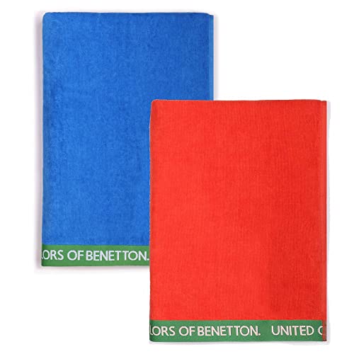 United Farben of Benetton, Set, 2 Strandtücher, 90 x 160 cm, 380 g/m², 100% Baumwolle, Blau + Rot, 90 x 160 cm
