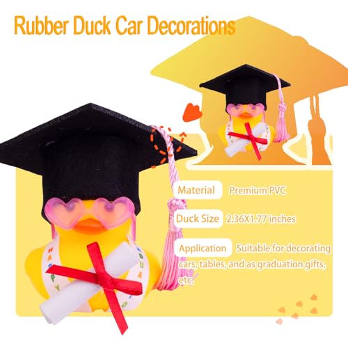 CoFuBcad Graduation Duck Car Ornament, Rubber Duck Car Dashboard Decor with Mini Graduation Hat Sash Glasses - Thumbnail 2